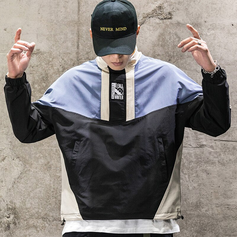 Men's Harajuku Hip Hop Half Zipper Pullover Windbreaker Track Jacket