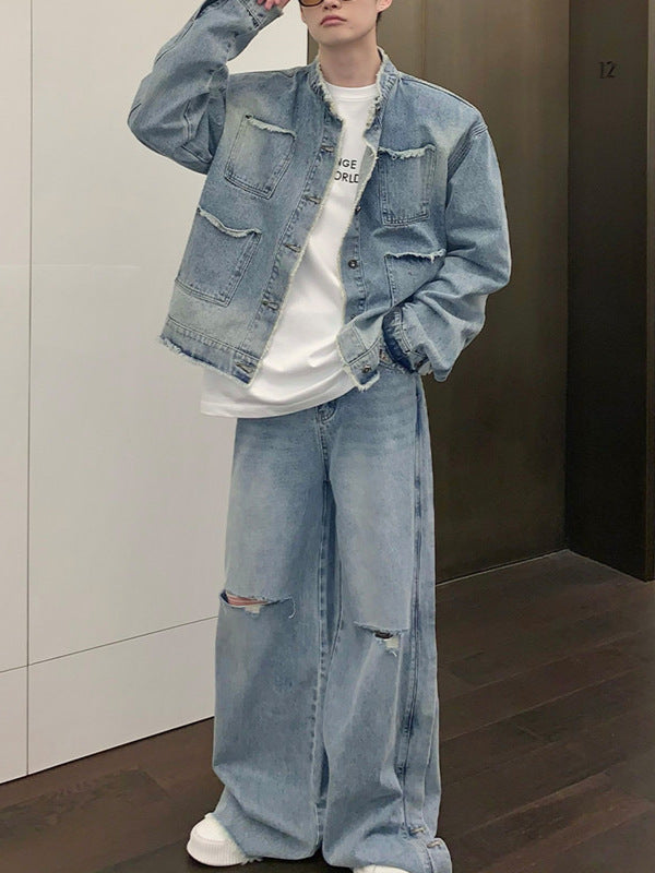 Wongn Vintage Gradient High Street Loose Denim Jacket for Adults