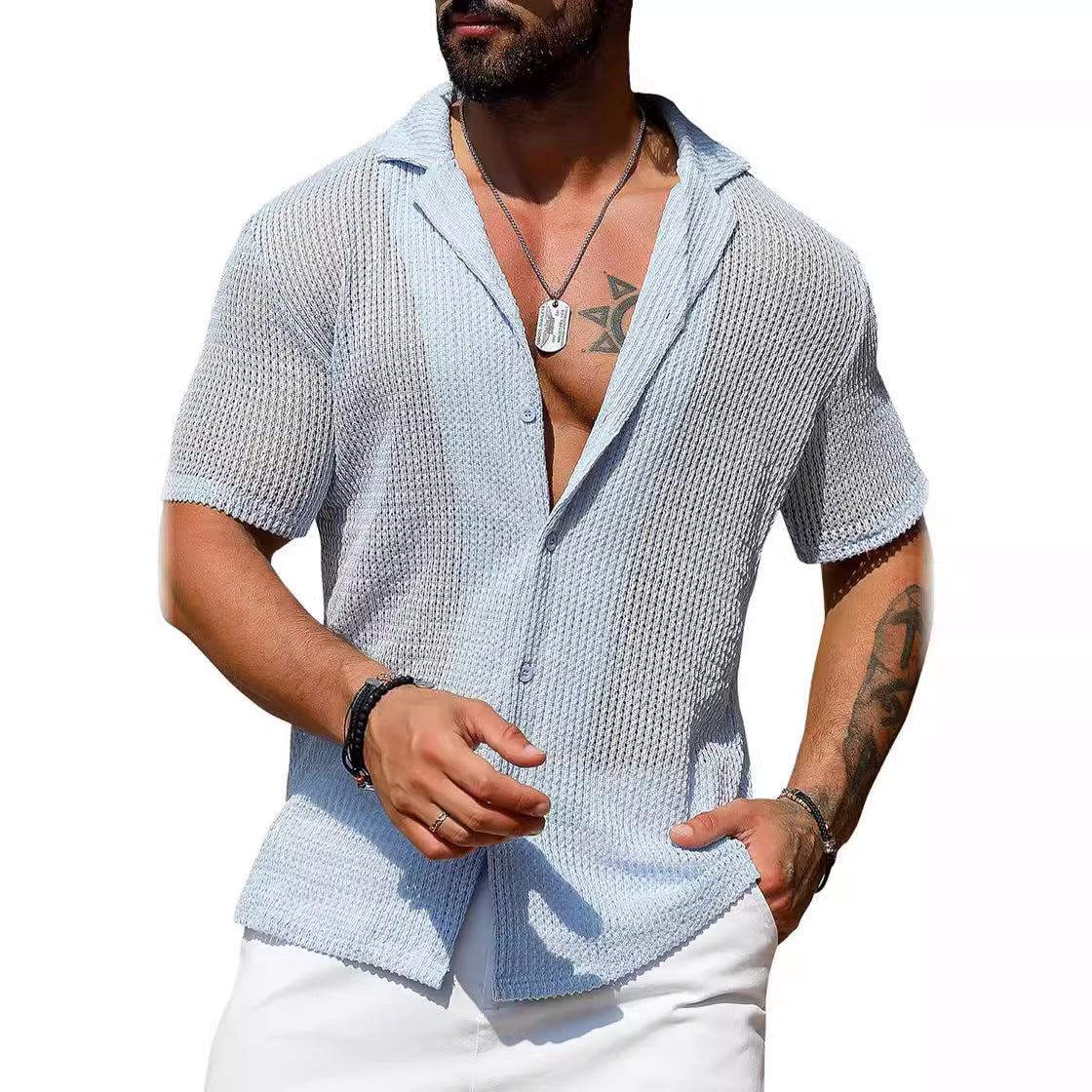 Men's Casual Knit Hollow Out Breathable Summer Fashion Lapel Shirt
