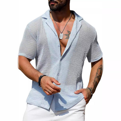 Men's Casual Knit Hollow Out Breathable Summer Fashion Lapel Shirt