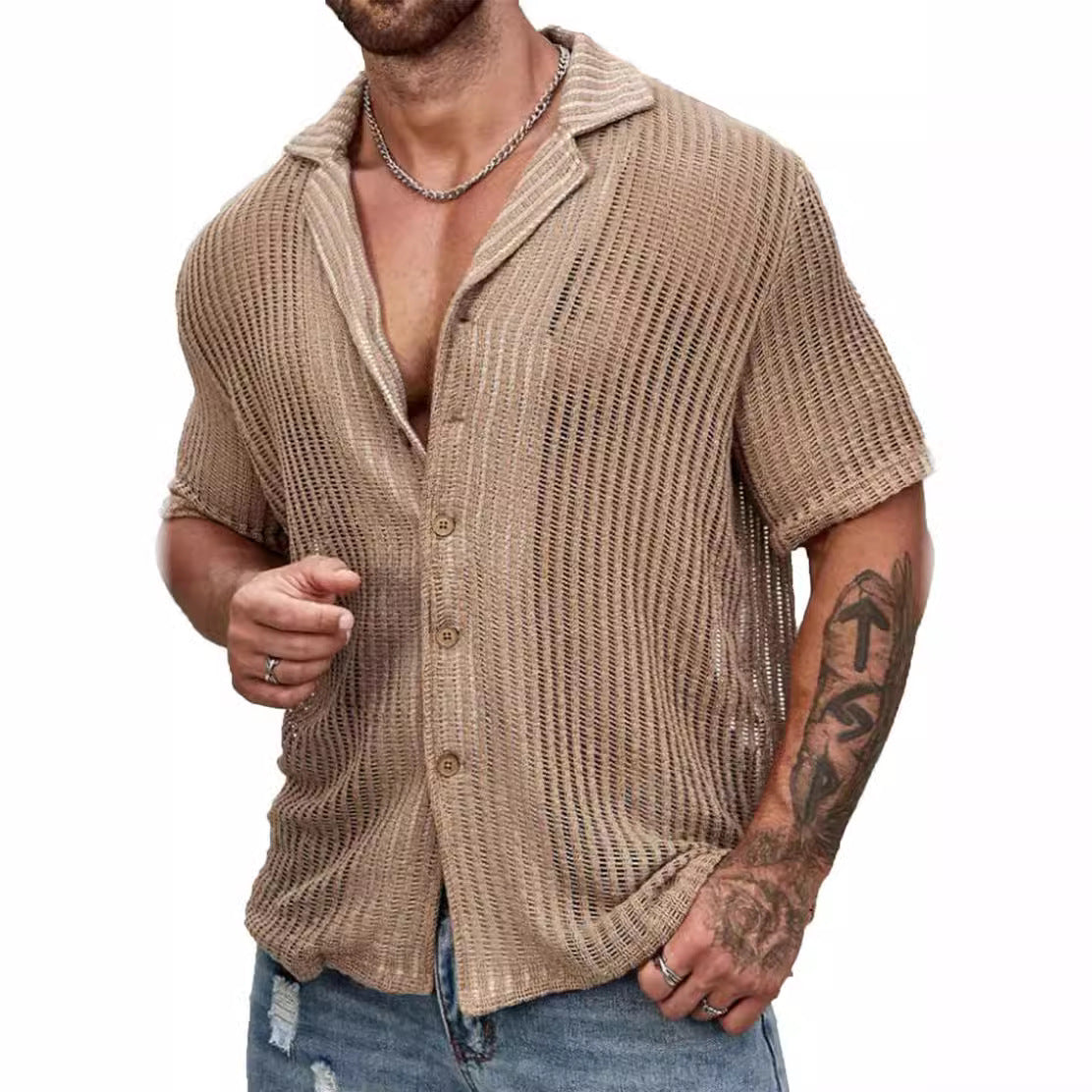 Men's Casual Knit Hollow Out Breathable Summer Fashion Lapel Shirt