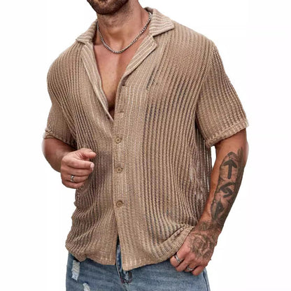 Men's Casual Knit Hollow Out Breathable Summer Fashion Lapel Shirt