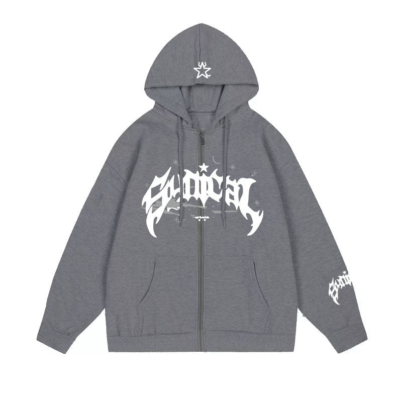 Wongn Retro Gothic Star Zip Up Hoodie Mens Casual Outerwear