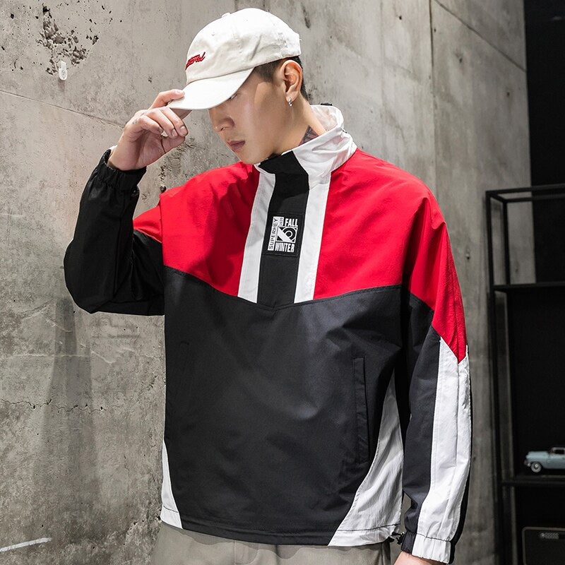 Men's Harajuku Hip Hop Half Zipper Pullover Windbreaker Track Jacket