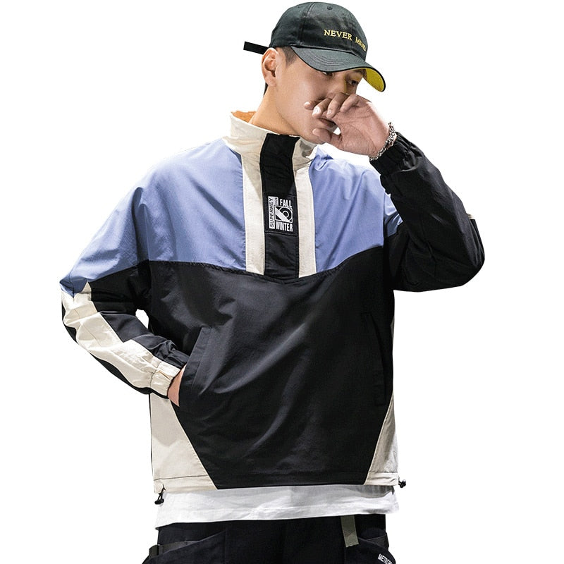 Men's Harajuku Hip Hop Half Zipper Pullover Windbreaker Track Jacket