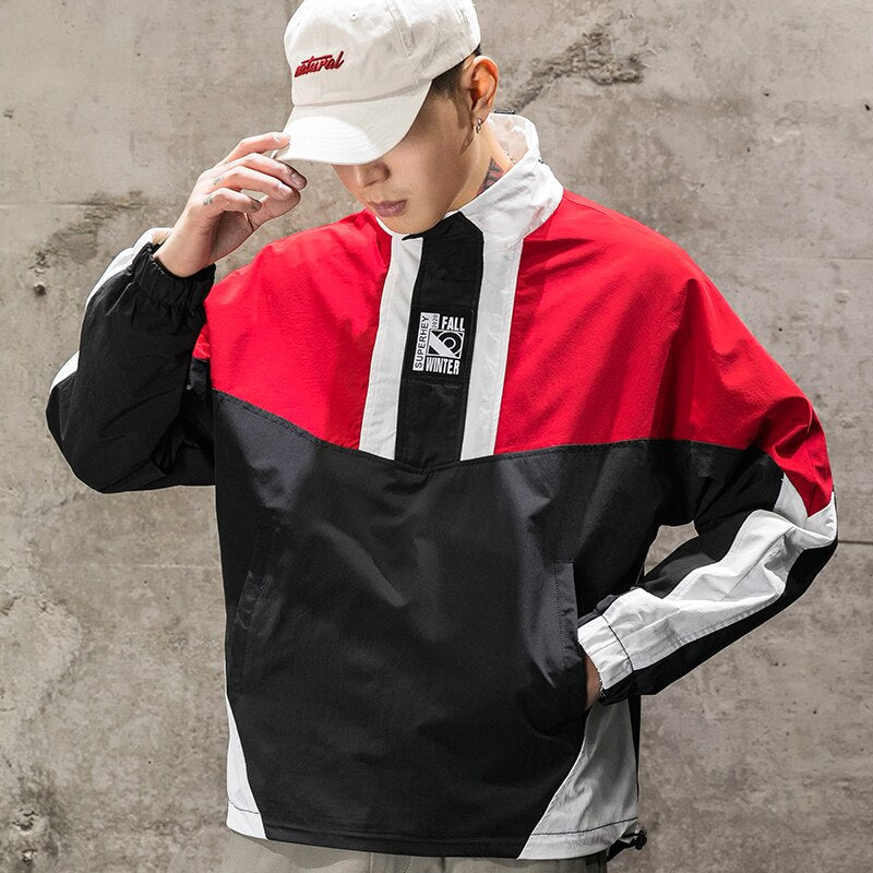 Men's Harajuku Hip Hop Half Zipper Pullover Windbreaker Track Jacket