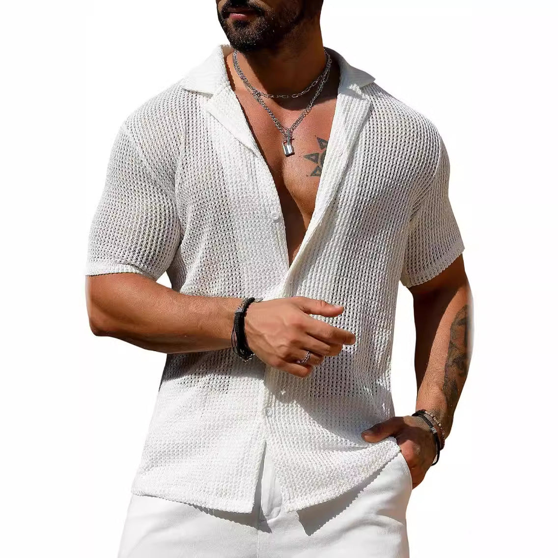Men's Casual Knit Hollow Out Breathable Summer Fashion Lapel Shirt
