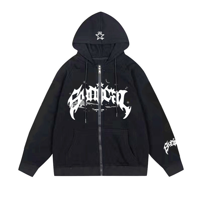 Wongn Retro Gothic Star Zip Up Hoodie Mens Casual Outerwear