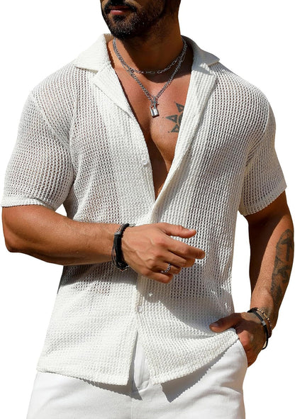Men's Casual Knit Hollow Out Breathable Summer Fashion Lapel Shirt