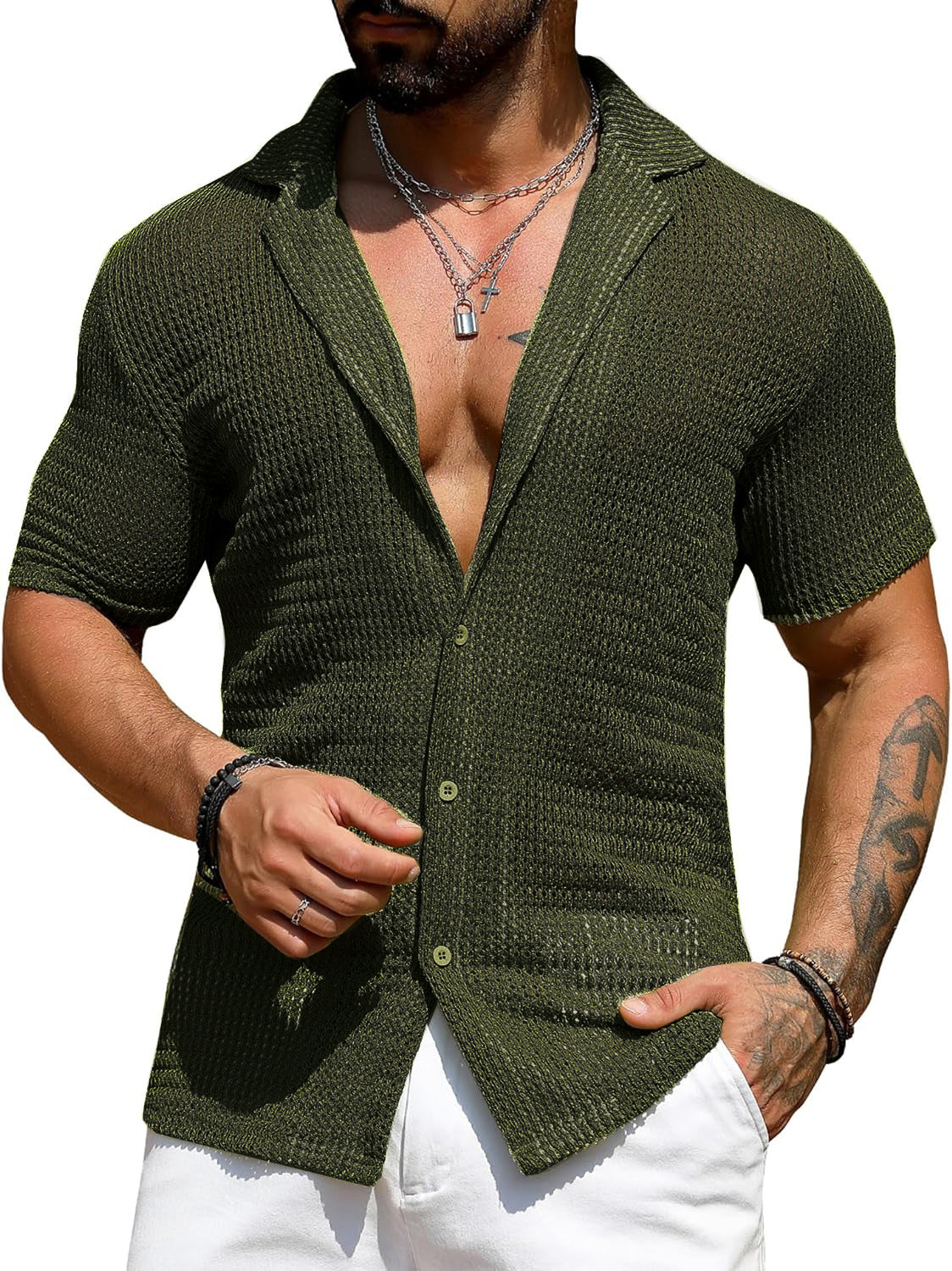 Men's Casual Knit Hollow Out Breathable Summer Fashion Lapel Shirt