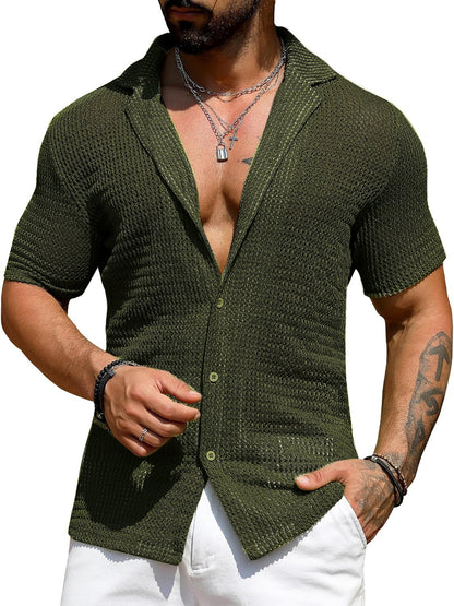 Men's Casual Knit Hollow Out Breathable Summer Fashion Lapel Shirt