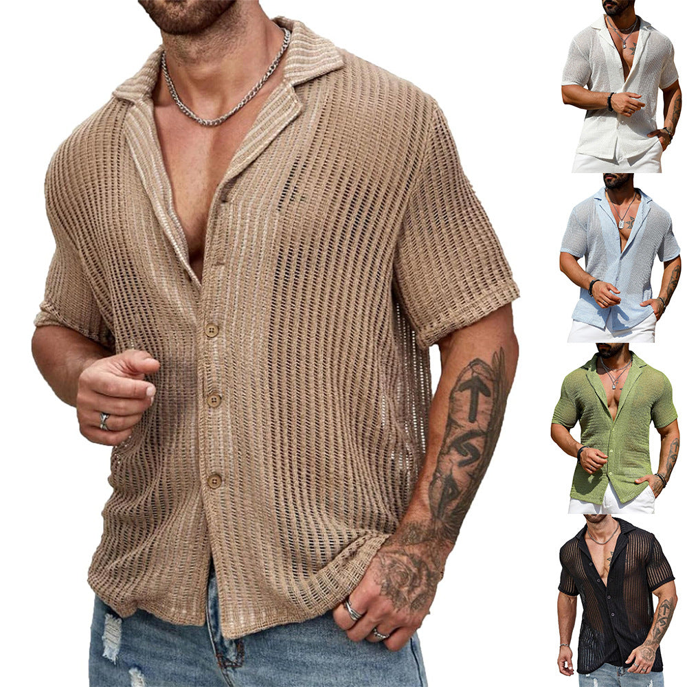 Men's Casual Knit Hollow Out Breathable Summer Fashion Lapel Shirt