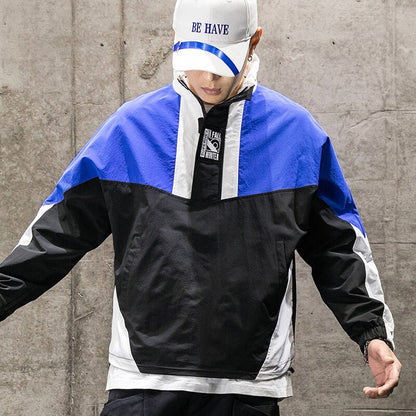 Men's Harajuku Hip Hop Half Zipper Pullover Windbreaker Track Jacket