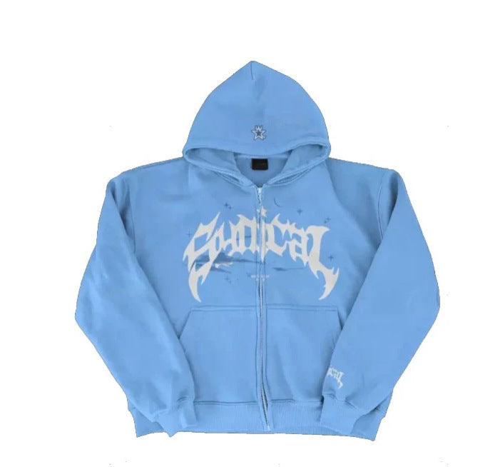 Wongn Retro Gothic Star Zip Up Hoodie Mens Casual Outerwear