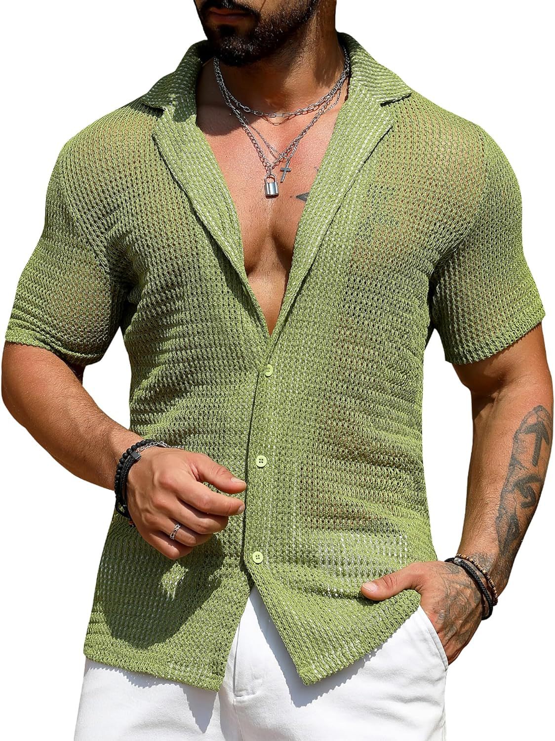 Men's Casual Knit Hollow Out Breathable Summer Fashion Lapel Shirt