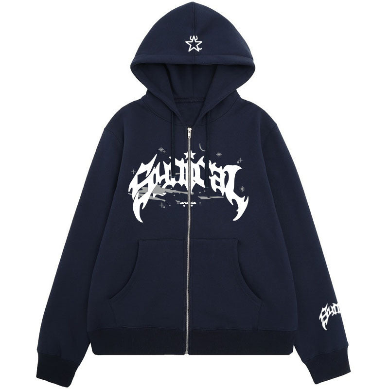 Wongn Retro Gothic Star Zip Up Hoodie Mens Casual Outerwear
