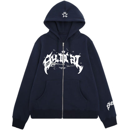 Wongn Retro Gothic Star Zip Up Hoodie Mens Casual Outerwear