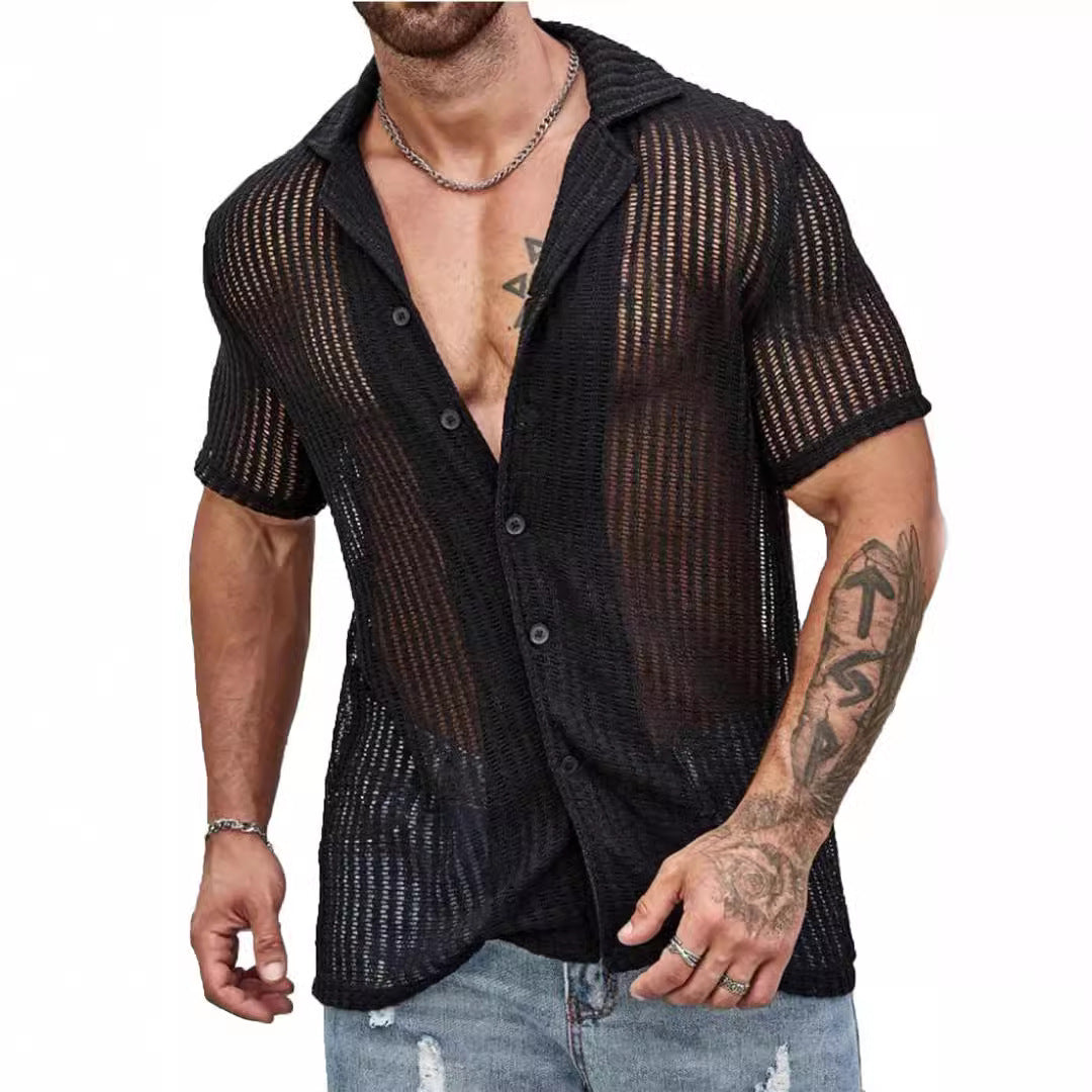 Men's Casual Knit Hollow Out Breathable Summer Fashion Lapel Shirt