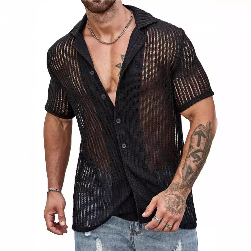 Men's Casual Knit Hollow Out Breathable Summer Fashion Lapel Shirt